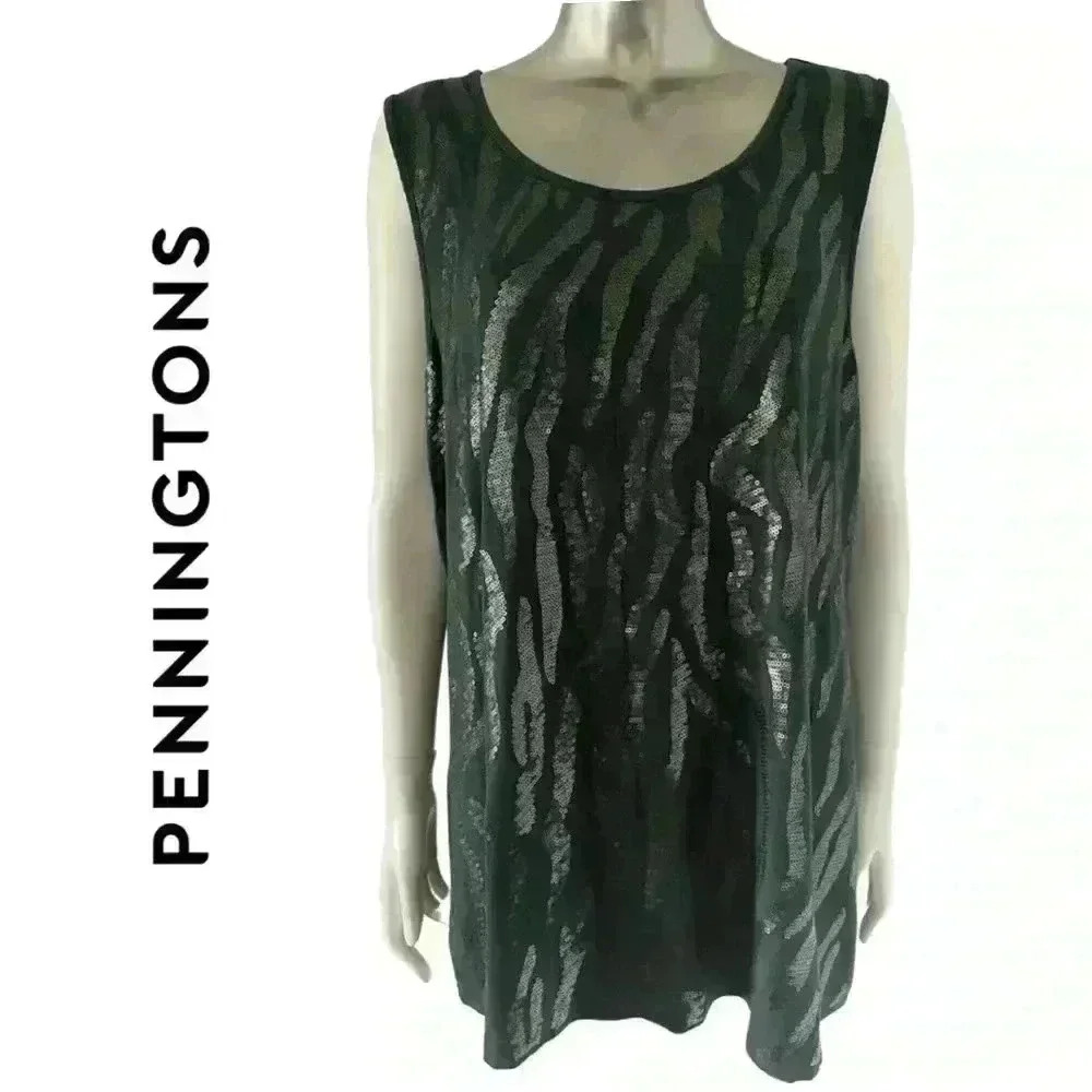 Plus Size Sleeveless Tunic Top Sequin Detail Green Size 2X